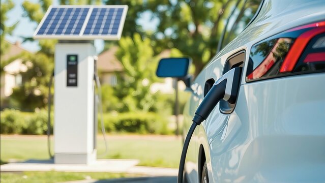 An electric car charging at a modern home station powered by solar panels in the background. A clean, sustainable energy lifestyle