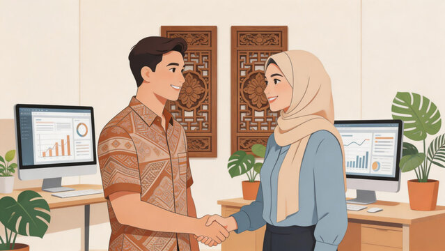 Smiling Asian professionals in traditional batik and hijab celebrating a business deal in the workspace.