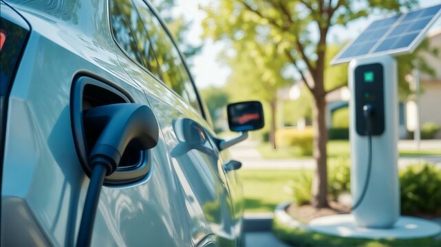An electric car charging at a modern home station powered by solar panels in the background. A clean, sustainable energy lifestyle