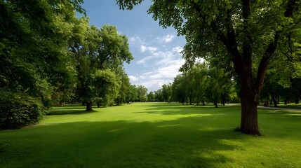 Fototapeta premium A panoramic view of a lush green park bathed in natural sunlight under a bright cloudy summer sky