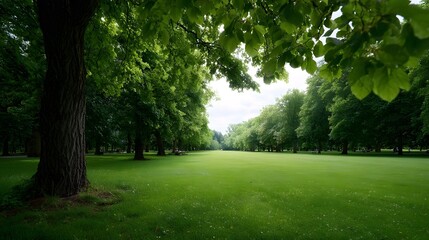 Obraz premium A panoramic view down a lush park avenue characterized by deep green grass and a canopy of mature trees