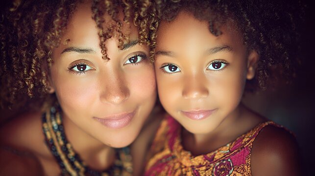 Mother Daughter Bond: Curly Hair Portrait with Warm Smiles