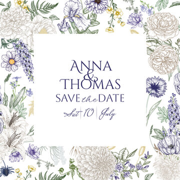 Vector illustration of a summer garden in an engraving style. Floral frame. Invitation template with line art flowers. Delicate banner