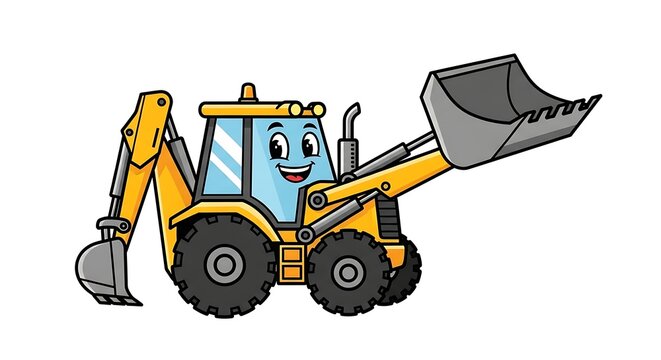 Smiling cartoon backhoe loader tractor machine.