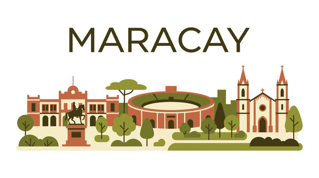 Minimalist Maracay city skyline illustration with landmarks and bullring vector