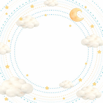 A watercolor-style circular frame featuring soft white clouds, golden stars, and a crescent moon arranged along blue dashed orbits. The central white space creates a clean, dreamy border.