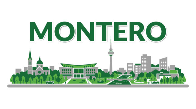 Modern Montero Bolivia city skyline flat vector illustration with landmarks and green text