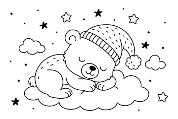 Cute Bear Cub sleeping on the Cloud with Stars Coloring Page for Kids © immortality