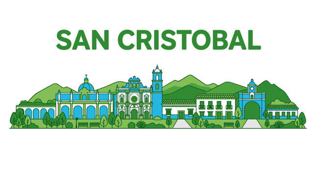 San Cristobal Mexico city skyline with colonial architecture and mountains vector illustration