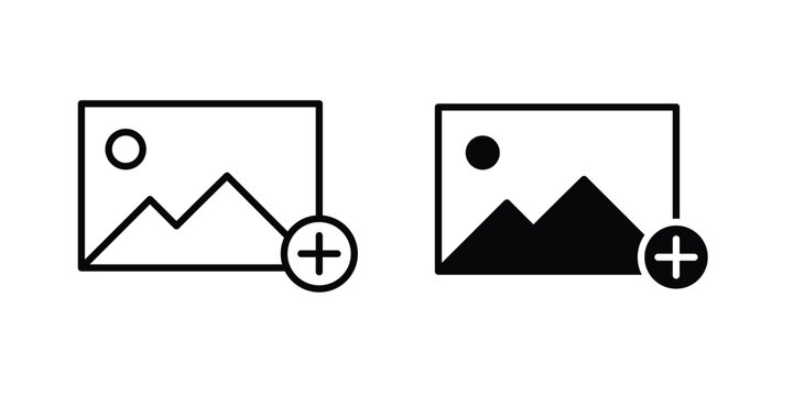 Upload photo icon symbol. Icon in flat style and line. Black and white