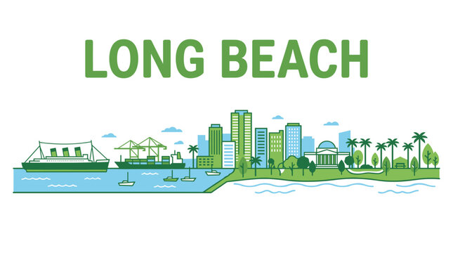Stylized Long Beach California city skyline with Queen Mary and port isolated vector illustration