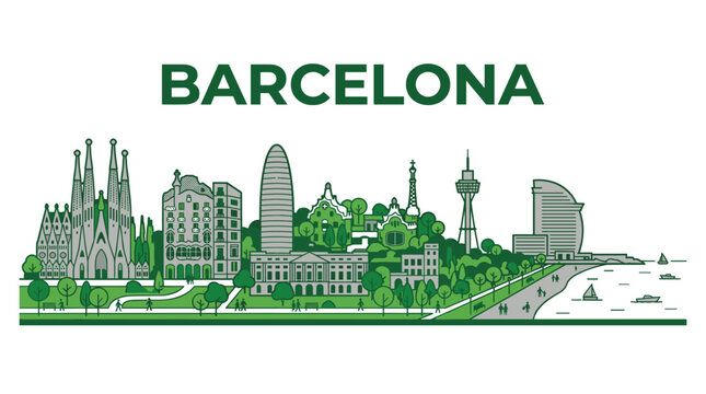 Stylized Barcelona city skyline with famous landmarks and green trees vector illustration