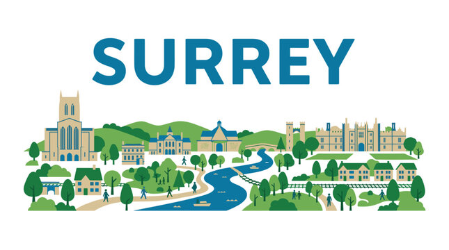 Surrey England city skyline illustration with historic cathedral and river landscape vector