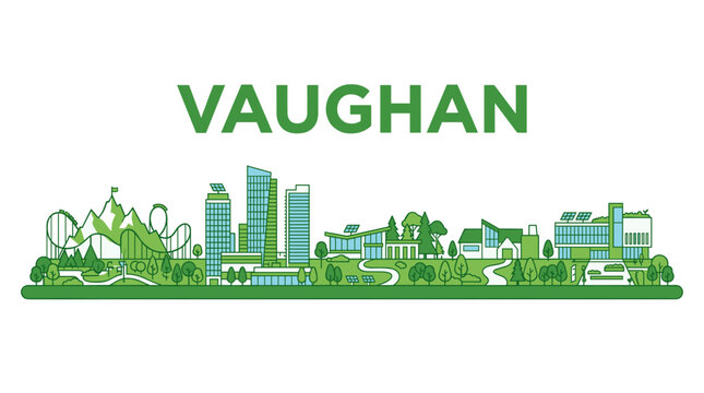 Vaughan Ontario city skyline with amusement park and sustainable buildings vector illustration
