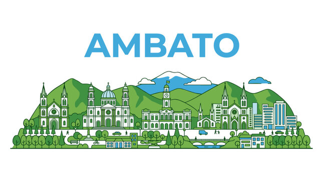 Ambato Ecuador city skyline with cathedral and mountains line art vector illustration