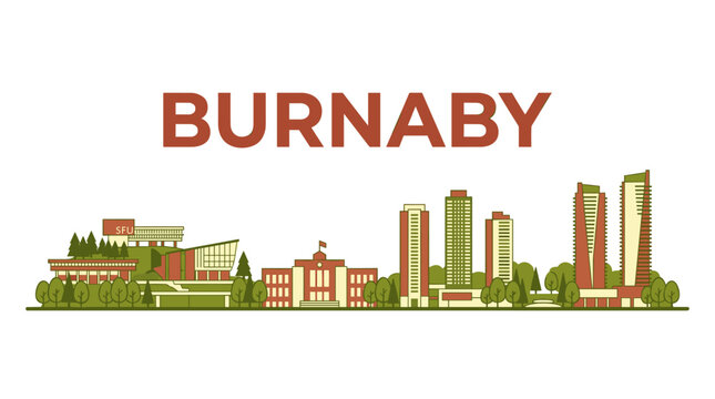 Burnaby city skyline with SFU and landmarks in flat design style isolated on white vector illustration