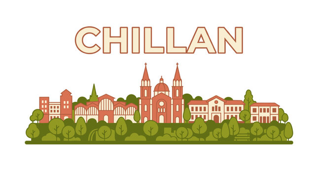 Chillan Chile city skyline with cathedral and market landmarks flat vector illustration