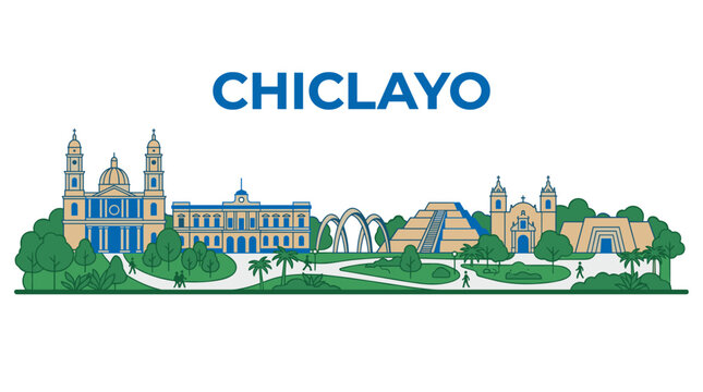 Chiclayo Peru city skyline with famous landmarks and monuments flat vector illustration