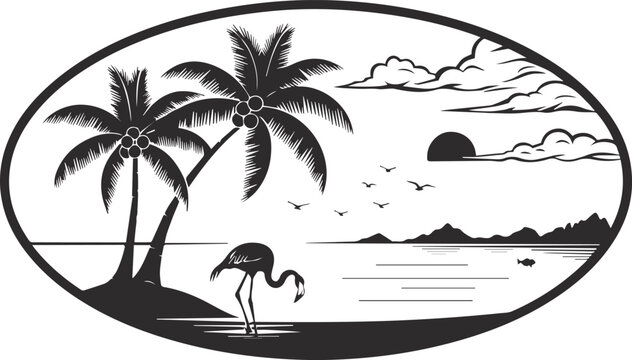 Tropical Beach Landscape Silhouette with Flamingo: Oval Sunset Scene Featuring Palm Trees, Ocean Waves, Mountains, and Coastal Wildlife Vector Illustration