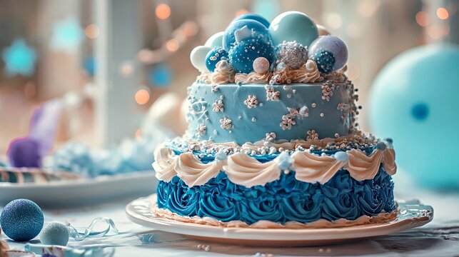 Azure Frost Delight: Two-Tier Blue Cream Cake with Silver Sprinkles & Decorative Orbs