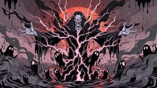 Dark figure unleashes lightning on ghostly creatures in eerie landscape 