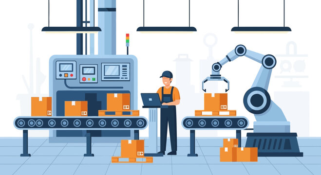 Automated Factory Production Line with Robotic Arm and Worker.