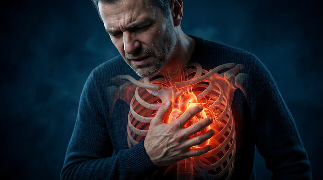 Man clutching his chest in pain, experiencing a heart attack with visible inflammation around his heart and ribs
