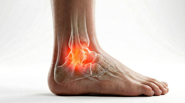 Human Ankle Joint Anatomy with Painful Inflammation Highlighted, Representing Injury, Sprain, or Arthritis Condition