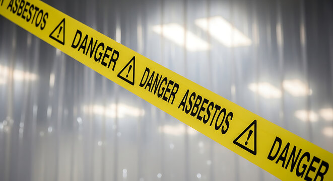 asbestos danger warning tape indicates a serious health hazard and risk of contamination in a blurred indoor environment.