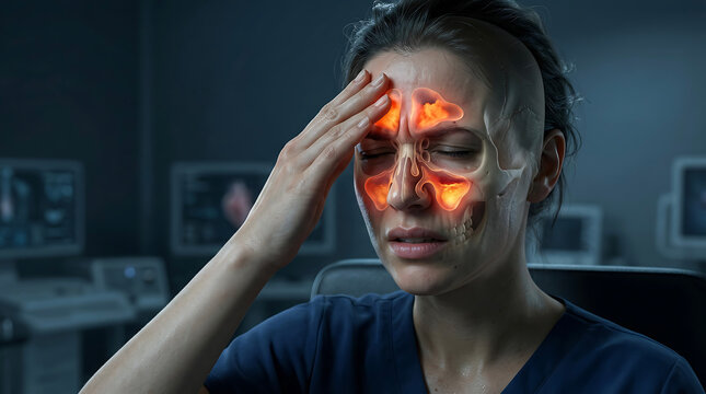 Anatomical illustration showing frontal sinuses highlighted in orange in a female patient experiencing a severe headache