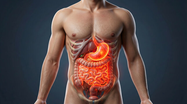 Three-Dimensional Medical Illustration of Male Torso Displaying the Digestive System, with Highlighted Stomach and Intestines Suggesting Internal Organ Inflammation and Disease