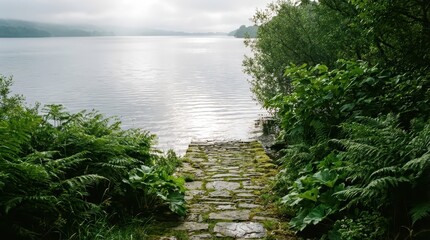 Naklejka premium Stone pathway leading to lake shoreline through vegetation