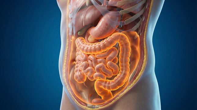 Anatomical illustration of the human digestive system highlighting the intestines and other organs, with a focus on internal health and biology
