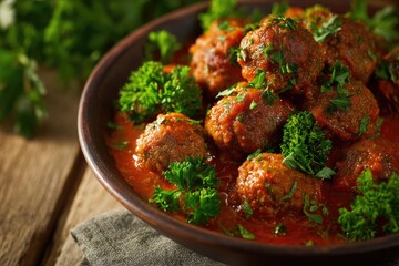 Fototapeta premium Savory meatballs simmered in rich tomato sauce, garnished with fresh herbs