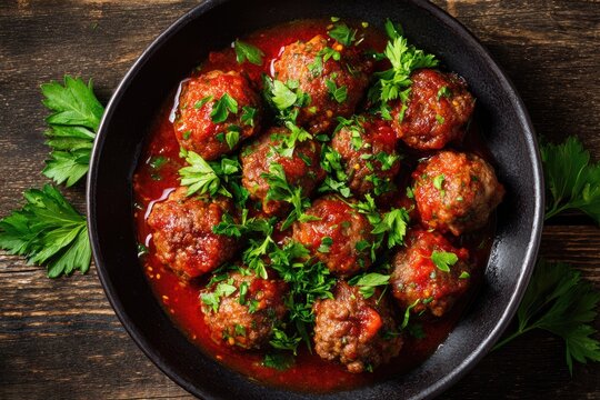 Hearty meatballs simmered in rich tomato sauce, garnished with fresh parsley (1)