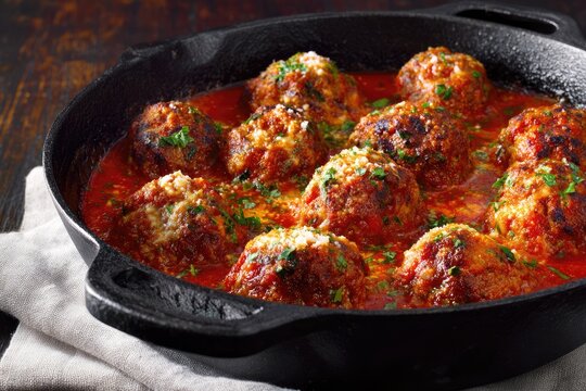 Hearty meatballs simmer in rich tomato sauce within a cast-iron skillet