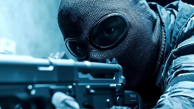 Special forces soldier in a black balaclava and goggles aiming a submachine gun down the sights. A low angle shot during a counter terrorism operation with a dramatic blue color grade