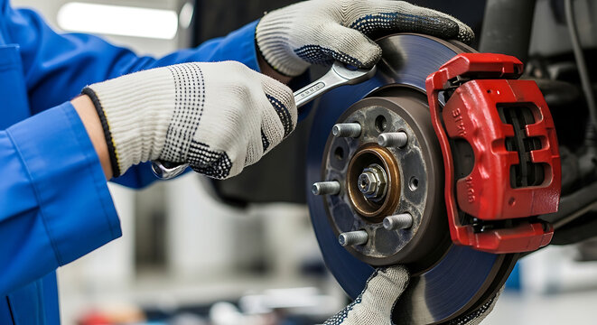 car mechanic performing auto repair on a vehicles red brake system with a wrench in a service workshop highlighting professional maintenance