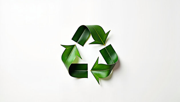 green leaves forming a recycling symbol against a white background representing sustainability and environmental awareness