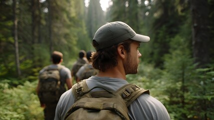 Fototapeta premium A figure wearing tactical gear stands in a lush forest leading a small team on an outdoor expedition through dense woods