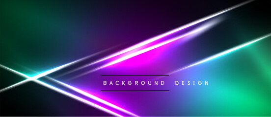 Fototapeta premium Abstract background features vibrant neon lines, gradients. Dark areas contrast bright turquoise, purple hues. Modern design element.