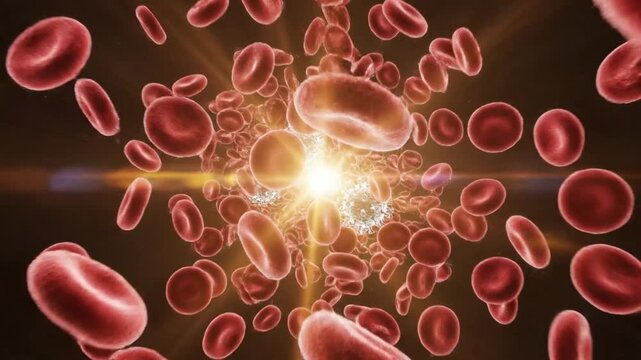 Microscopic view of red blood cells flowing through a vessel with a bright light