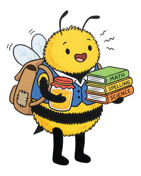 Happy Bee Student with Honey Jar and Books