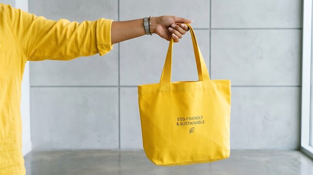 Close-up of a hand holding a bright yellow canvas tote bag with text and a small graphic, showcasing a vibrant and eco-friendly accessory.