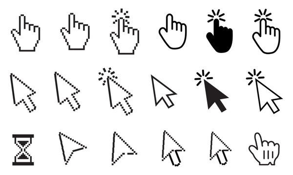 computer cursor and hand click icon set. Pixel computer cursor or pointer icons set. For graphic design, web site, social media, mobile app etc. vector editable icon set.

