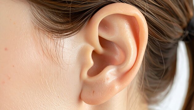 Close-up of a human ear, showing detailed anatomy and structure.