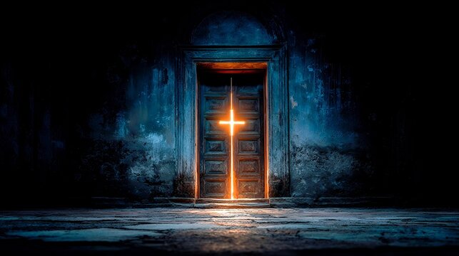 Luminous Cross: Ancient Doorway Illuminated in Shadowed Chamber