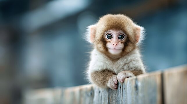 Golden Furred Baby Monkey: Adorable Primate Pup on Wooden Fence