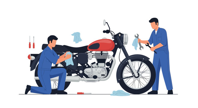 Two mechanics working on a classic motorcycle repair and maintenance.
