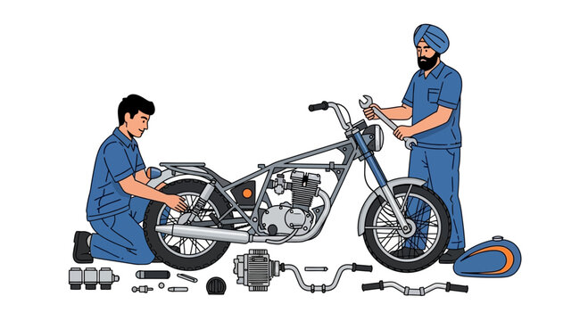 Two mechanics working on a motorcycle engine assembly.